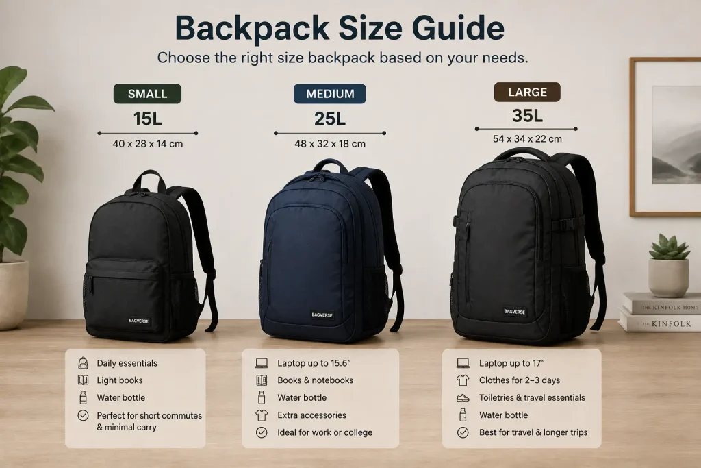 Backpack size guide showing small medium and large backpacks