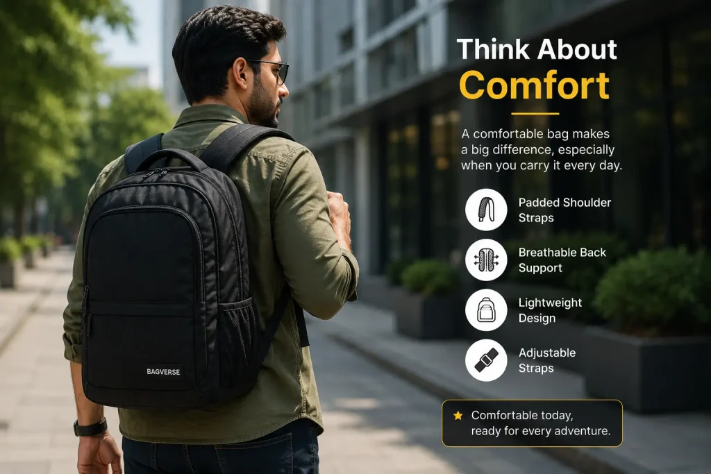 Person wearing a comfortable backpack with padded shoulder straps